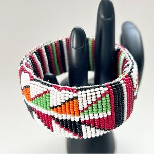 Vintage Native American White Red Black Green Orange Beaded Bangle Bracelet
